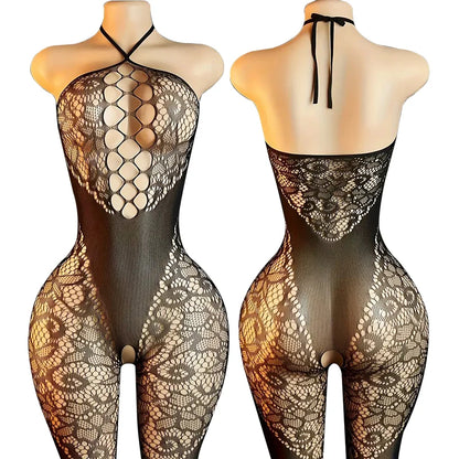 New Sexy Crotchless Lingerie Women Backless Cutout Bra Set Mesh See Through Bodystocking Full Sleeve Leopard Print Underwear Set