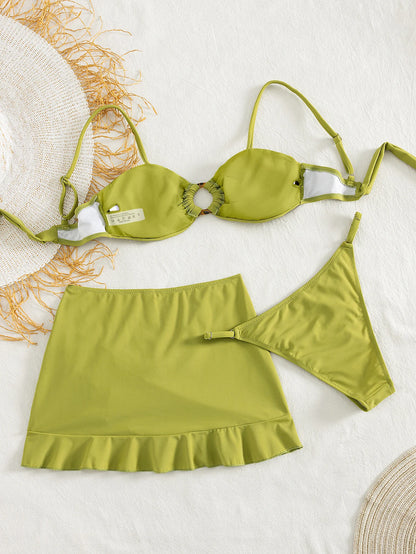 Women's Green 3 Piece Swimwear Set, Ruched Bikini Top with Metal Ring Detail and Ruffled Cover Up Skirt