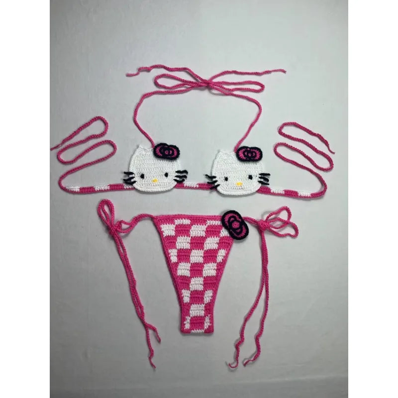 Sanrio Cute Bikini Set Crochet Girls Swimsuit Hello Kitty Sexy Bathing Suit Kwaii Women Swim Suit Bandage Micro Bikinis Swimwear