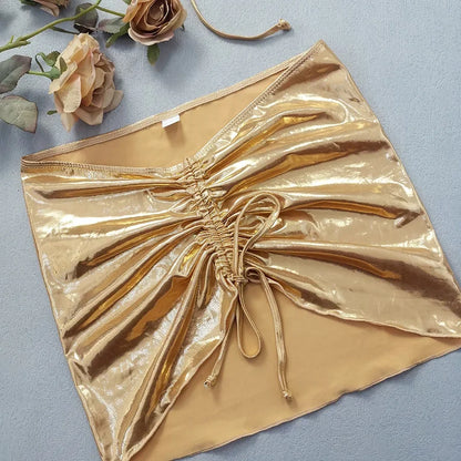 Shiny Golden Silver 3 Piece Bikini Set with Cover Up Sexy Micro Thong Swimsuit Women 2025 Drawstring Halter Swimwear Beachwear