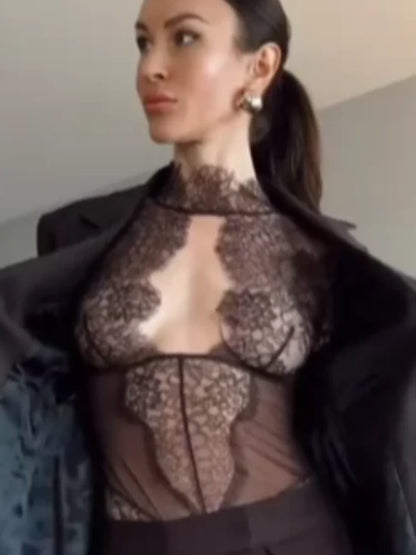 Women Sexy Lace Reflective One-piece Suit Chic Hollow-out Long Sleeve See Through Set 2026 Fashion Lady Street Party Club Outfit
