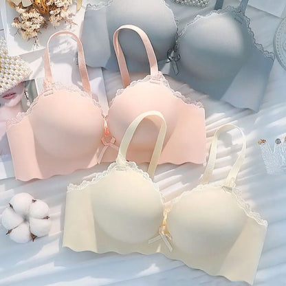 Solid Push Up Wireless Deep V Bra Shockproof Anti-sagging Lace Bowknot Bra Adjustable Lingerie Seamless Bra Girls