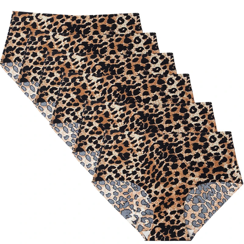 6pcs Women's Seamless Ice Silk Panties Female Mid Waist Plus Size Leopard Print Underwear Girls Fashion Brief Lady Comfort Panty