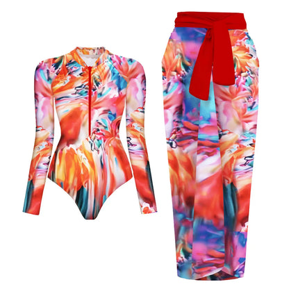 One Piece Swimsuit Long Sleeve Zip Front Blue White One Piece Surf Swimsuit and Sarong Swimwear Slimming Bathing Suit Beach Wear