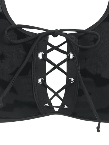 Dressfo Women's Gothic Bikini Swimsuit Bat Crescent Star Print Bathing Suit Cinched Mesh Lace Up Cut Out Swimwear Two Piece Set
