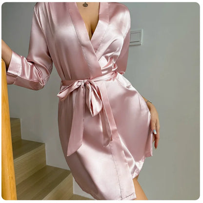 Women's Short Kimono Robe Silky Satin Bathrobe Bride Bridesmaids Getting Ready Sleepwear Soft Nightgown