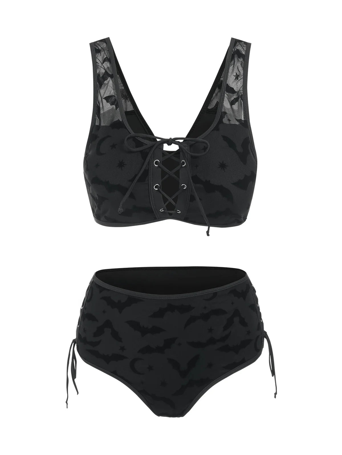 Dressfo Women's Gothic Bikini Swimsuit Bat Crescent Star Print Bathing Suit Cinched Mesh Lace Up Cut Out Swimwear Two Piece Set