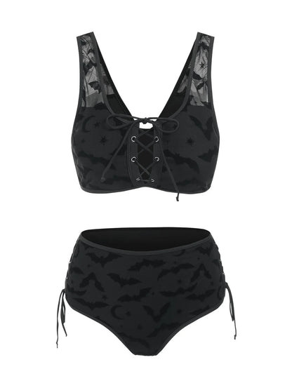 Dressfo Women's Gothic Bikini Swimsuit Bat Crescent Star Print Bathing Suit Cinched Mesh Lace Up Cut Out Swimwear Two Piece Set