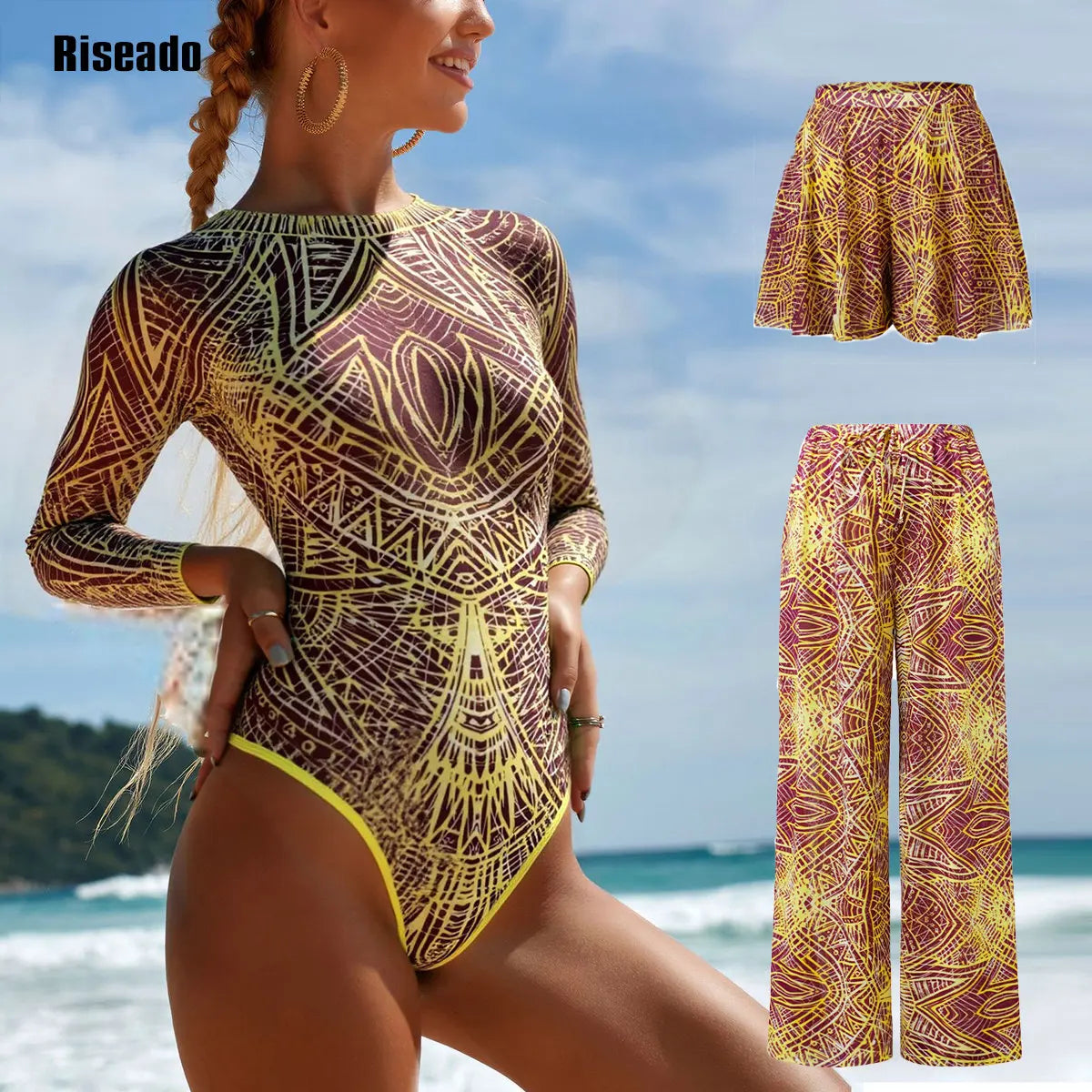 Riseado Mesh Swimsuit with Long Pants & Swimdress Long Sleeve Mesh Beachwear Sexy High Waist Bathing Suit Smart Beach Clothing