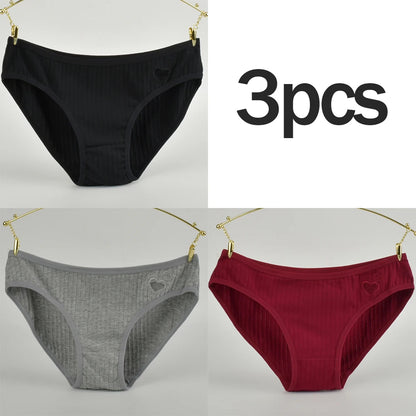 3PCs Teen Girls Cotton Underwear Low-Rise Heart Print Briefs Soft Breathable Everyday Panties Minimalist Design Lady Summer Wear