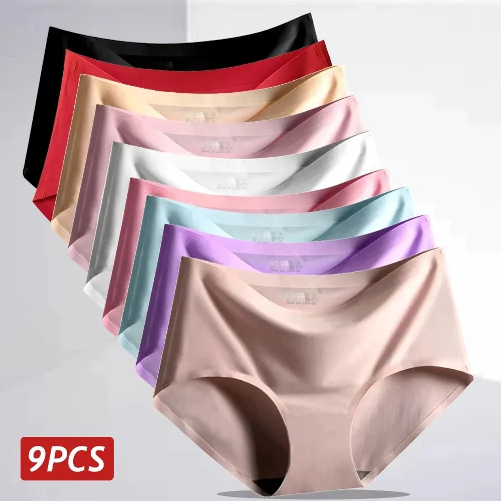 9 Pcs Women's Seamless Ice Silk Panties - Soft Solid Color Underwear for Teens & Adults, Breathable One-Piece Comfort Fit