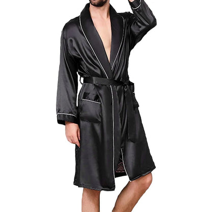 Mens Satin Bathrobe with Belt Long Sleeve V-neck Night Robe Sleepwear Soft Loungewear with Pockets