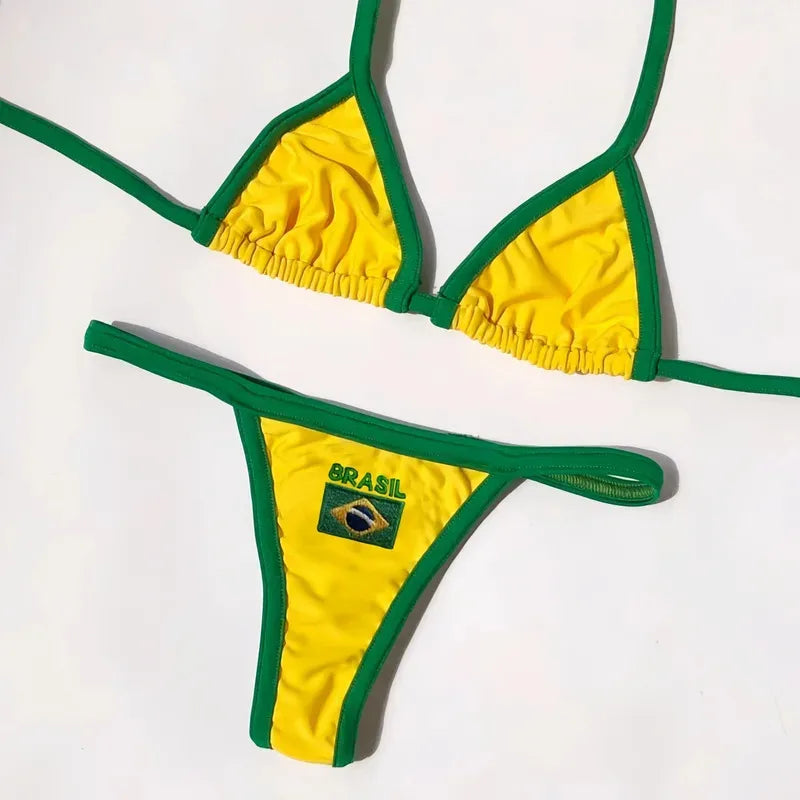 2026 Fashion Embroidery Brasil Flag Contrast Split Bikini Set Women Swimwear Patchwork Swimsuit Hottie Outfit SummerBeachwear