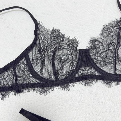 White Sheer Lace Lingerie Set Women Sexy Underwire Push-up Bra Thong Set Floral Pattern Thin Straps Romantic Elegant Underwear