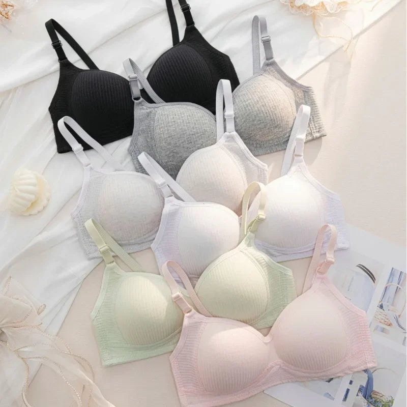 Full Cotton No Steel Ring Bra for Women Summer Breathable Light Color Plus Size Bras Girls Gathered Chest Lift Fashion Underwear