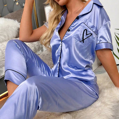Women Satin Pajamas Silk Floral Printing Lapel Button Shirt With Trousers Pajama Set Nightwear Pyjama Sleepwear Pijama Mujer