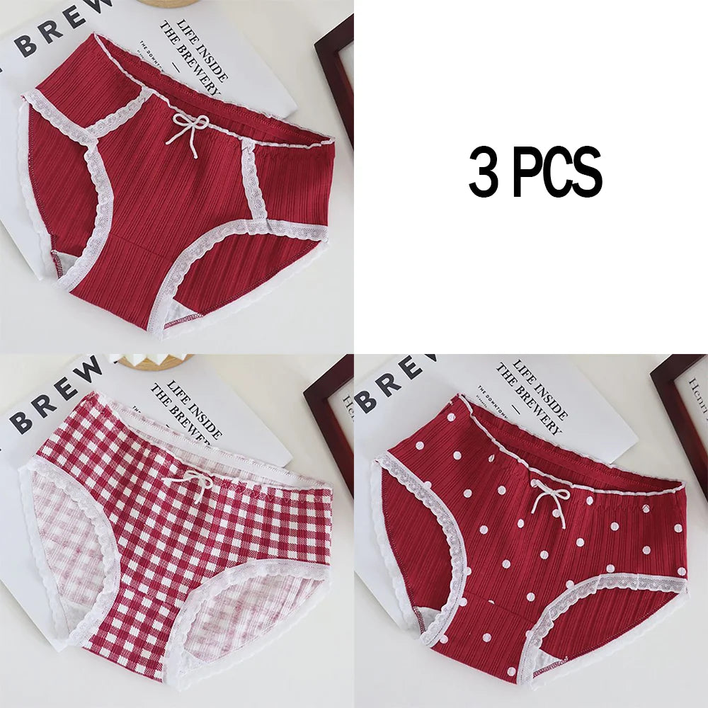 3pcs Cotton Women's Panties Sweet Cute Printed Student Mid-Waist Underwear Fashionable Breathable Girls Daily Briefs