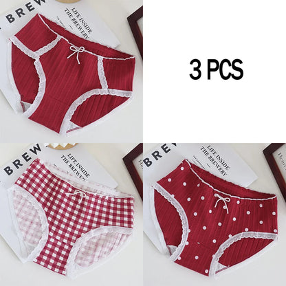 3pcs Cotton Women's Panties Sweet Cute Printed Student Mid-Waist Underwear Fashionable Breathable Girls Daily Briefs