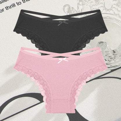 2PCS Cotton Panties for Women Sexy Lace Brazilian Briefs Female Low-Waist Cross Webbing Underpants Stretch Breathable Intimates