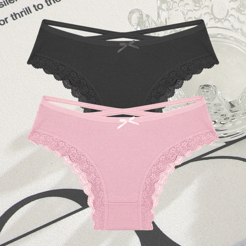 2PCS Cotton Panties for Women Sexy Lace Brazilian Briefs Female Low-Waist Cross Webbing Underpants Stretch Breathable Intimates