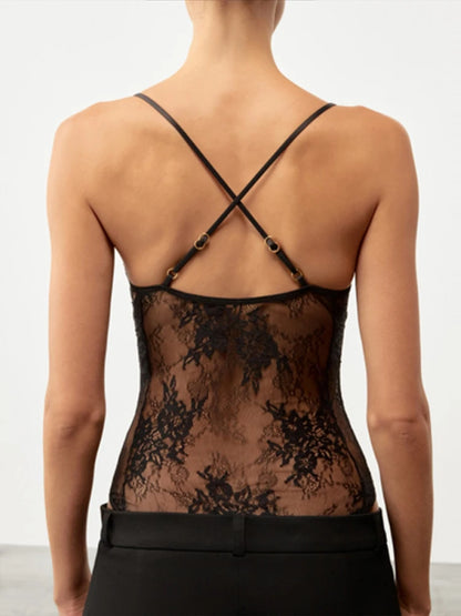 Sexy Lace Halter Bodysuits Women's Slim Sleeveless Waist-cinching Deep V-neck Suits 2026 New Ladies Spring Summer Solid Outwear