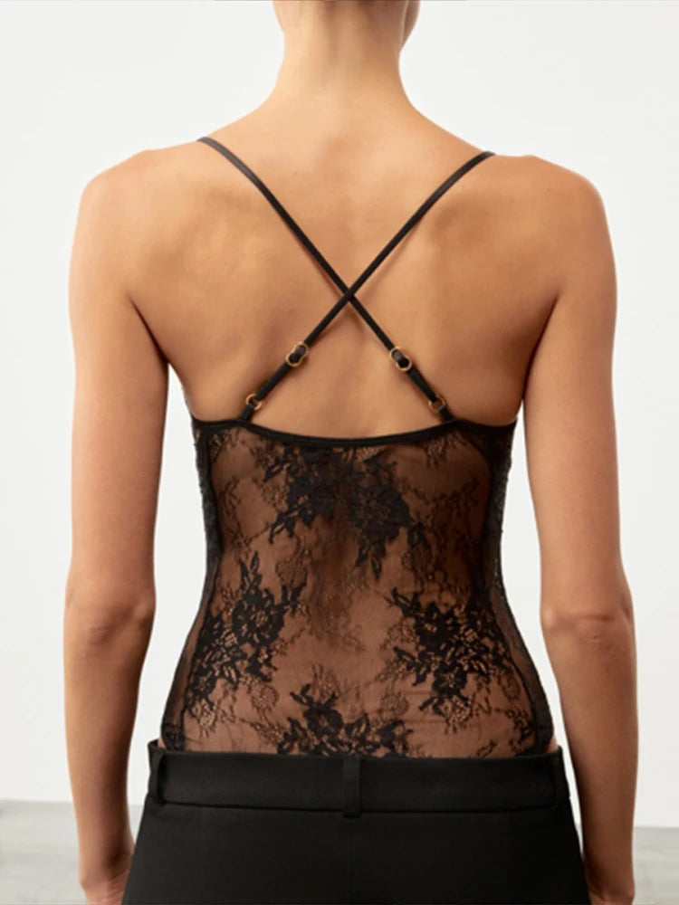 Sexy Lace Halter Bodysuits Women's Slim Sleeveless Waist-cinching Deep V-neck Suits 2026 New Ladies Spring Summer Solid Outwear