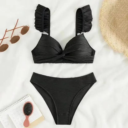 Sexy Black Ribbed Swimwear High Waisted Bikinis Sets 2026 Ruffled Swimsuit Cross Bandage Bathing Suit Brazilian Bikinis De Mujer