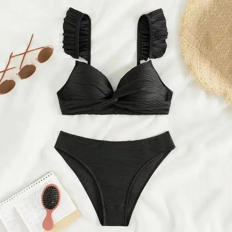 Sexy Black Ribbed Swimwear High Waisted Bikinis Sets 2026 Ruffled Swimsuit Cross Bandage Bathing Suit Brazilian Bikinis De Mujer