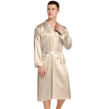 Summer New Men Solid Color Kimono Robe Satin Bathrobe Gown Summer New Sleepwear Loose Pijamas De Hombre Ice Silk Peignoir Homme