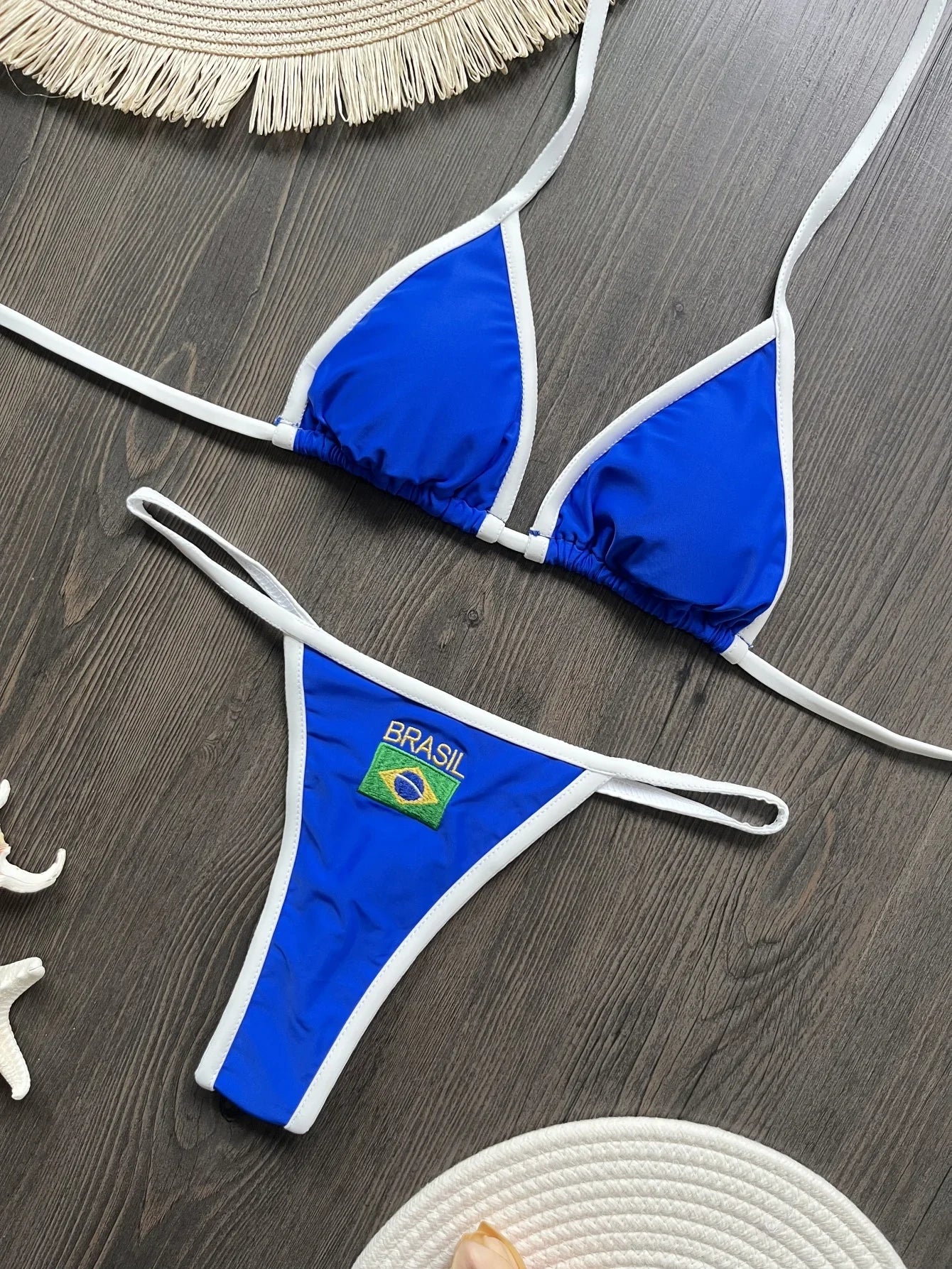 2026 Fashion Embroidery Brasil Flag Contrast Split Bikini Set Women Swimwear Patchwork Swimsuit Hottie Outfit SummerBeachwear