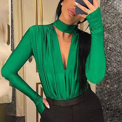 BornToGirl Sexy Slim Bodysuit Women Elegant Black Red Green Long Sleeve V Neck One Pieces Bodysuits Jumpsuit Tops Body Suit Y2K