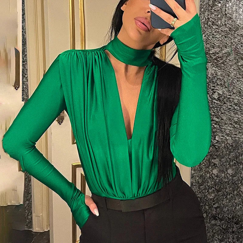 BornToGirl Sexy Slim Bodysuit Women Elegant Black Red Green Long Sleeve V Neck One Pieces Bodysuits Jumpsuit Tops Body Suit Y2K