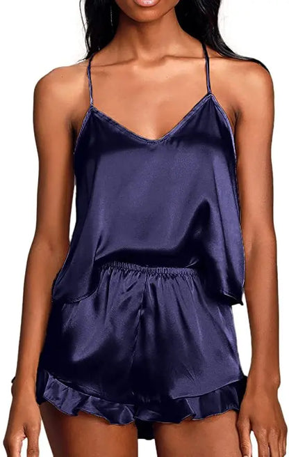 Sexy Silk Satin Pajama Set for Women – V-Neck Cami Top and Ruffled Shorts Bridal Lingerie, Perfect for Nightwear