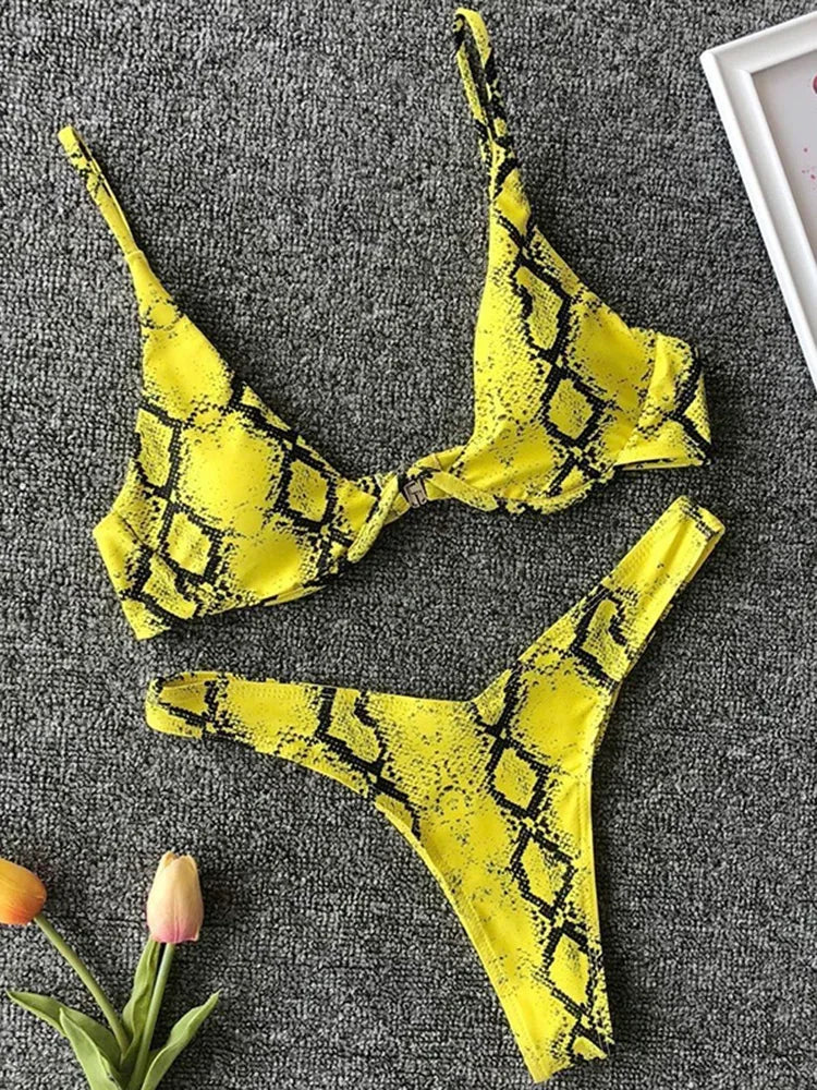 Sexy Neon V-bar Underwired Bikini 2025 Female Ribbed Swimsuit Women Thong Swimwear Two-pieces Bikini set Push up Bathing Suit
