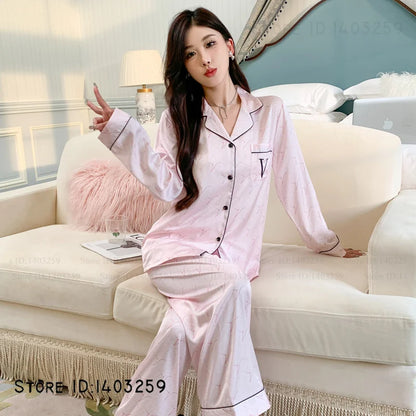 Elegant Silk Satin Women Pajamas Set Lounge Wear Sexy Lingerie Long Sleeve Trouser Pijamas Suit Loose Casual Sleepwear Homewear