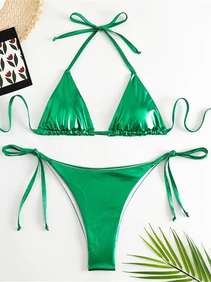 Sexy Brozing Gold Bikinis Sets Women Push Up Micro Bikini Swimsuit 2025 Brazilian Beach Bathing Suit Tie Side Triangle Swimwear