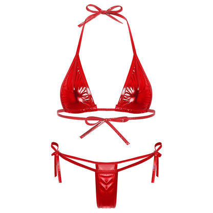 Womens Brazilian Micro Bikini Swimsuit Metallic Shiny Lacing Non-Padded Triangle Cup Bra Top with G-String Swimwear Biquini Set