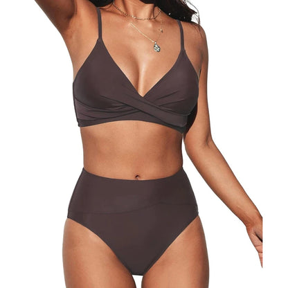 Bikini Set Women's 2 Piece Swimwear Cross Ruched V Neck High Waisted Push Up Bikini 2025 New Beach Vacation Ladies Bathing Suit