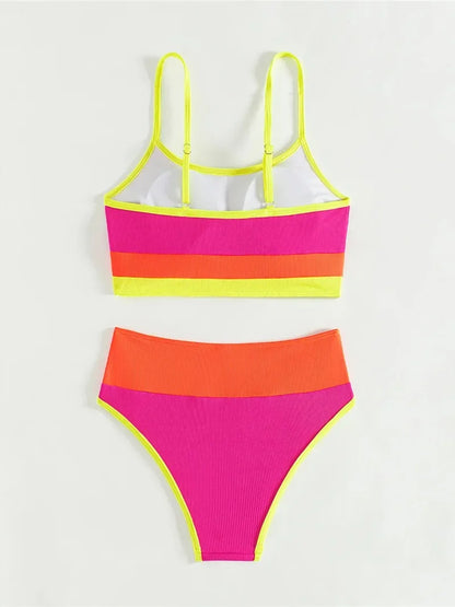Women's Ribbed High Waist Bikini Set - High Cut Two Piece Swimsuit Tummy Control Bathing Suit for Beach Vacation