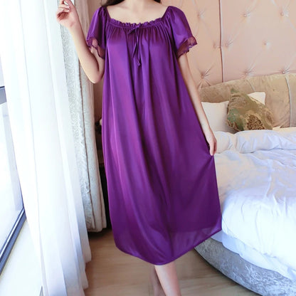 Women Night Gowns Sleepwear Lace Patchwork Nightwear Long Sleeping Dress Casual Ladies Home Dressing