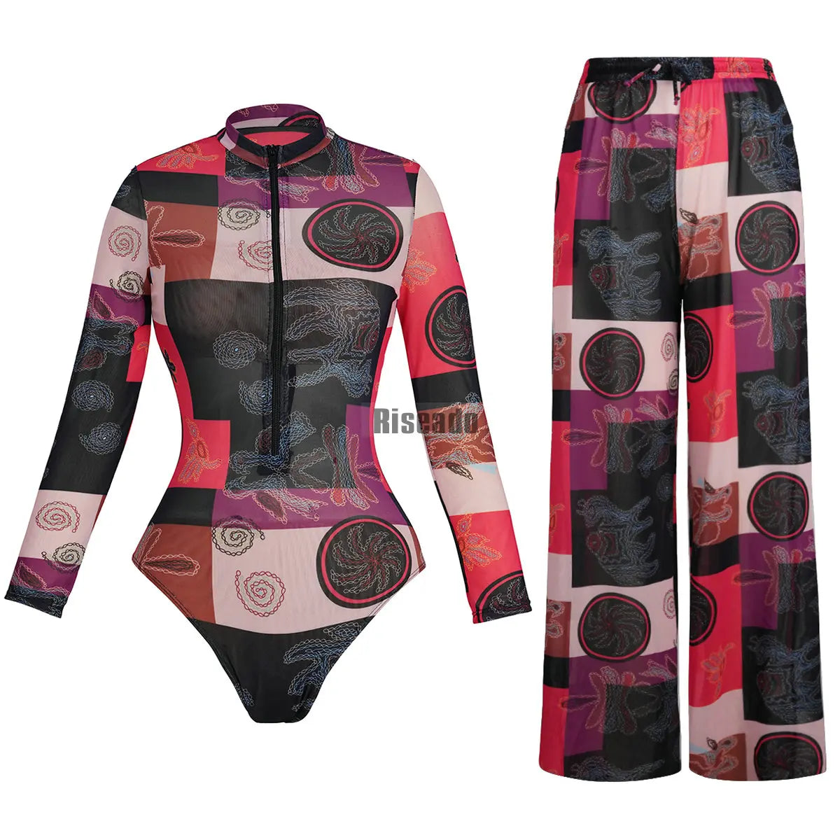 Riseado Mesh Swimsuit with Long Pants & Swimdress Long Sleeve Mesh Beachwear Sexy High Waist Bathing Suit Smart Beach Clothing