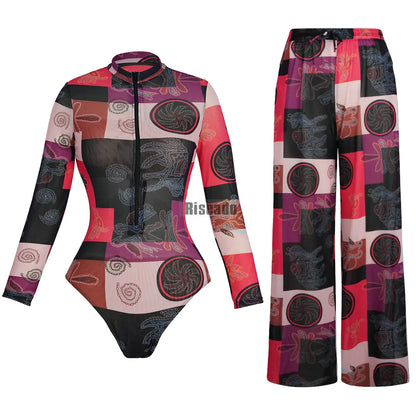 Riseado Mesh Swimsuit with Long Pants & Swimdress Long Sleeve Mesh Beachwear Sexy High Waist Bathing Suit Smart Beach Clothing
