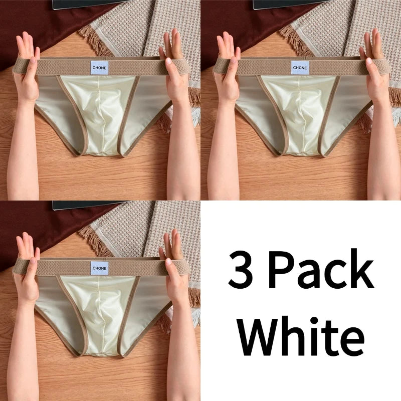 3pcs【LORIEN CREST】Luxury Men's Satin-like Ice Silk Briefs High Elastic Ultra Soft Breathable Antibacterial Comfortable Underwear