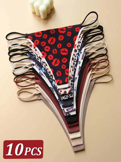 10Pcs Women Seamless Thongs Thin Strap Low Waist High Flexibility Panties Sexy Underwear Ladies Briefs T-back Comfortable Women