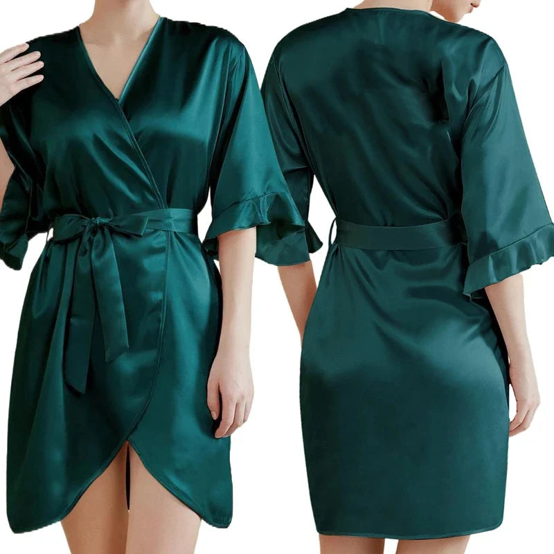 Dark Green Satin Team Bride Bridesmaid Robe Ruffle Wedding Bathrobe Gown Women Dressing Sleepwear Mother Maid of Honor Kimono