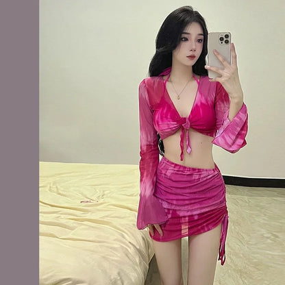 Pure Desire Women's Bikini Swimsuit Set Conservative Slimming Small Chest Gathered Holiday Swimwear Four-Piece Ensemble