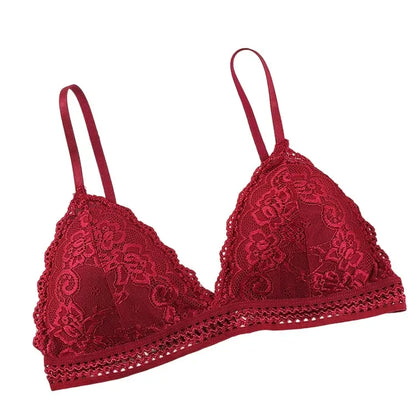 Lace Triangle Cup Padded Bra Women Embroidery Hollow Underwear Sexy Floral Deep V Brassiere Seamless Push Up Bralette Lingerie