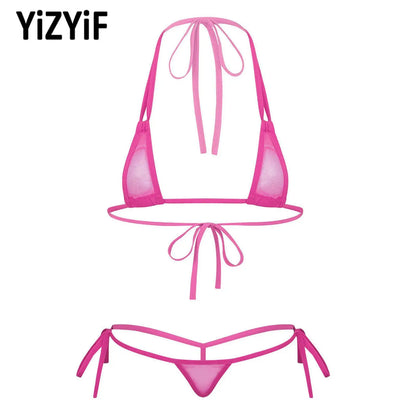 Womens Sexy See-through Mesh Strappy Micro Bikini Set Triangle Swimwear Swimsuit Bathing Suit for Beach Sunbath Swimming Pool