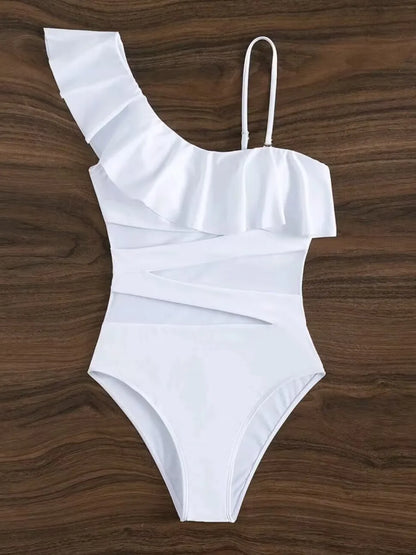 Ruffle Contrast Mesh Swimsuit Women One Piece Swimwear 2026 Bodysuit Bathers Bathing Swimming Swim Suit Sports Beachwear