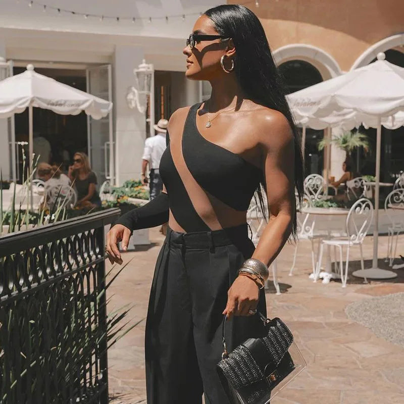 Sexy One Shoulder Transparent Swimwear Women Vintage Mesh Patchwork Tummy Control One Piece Swimsuit Beach Bathing Resort Suits